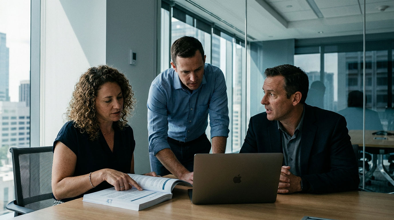 An internal audit team reviewing a report together in a meeting room