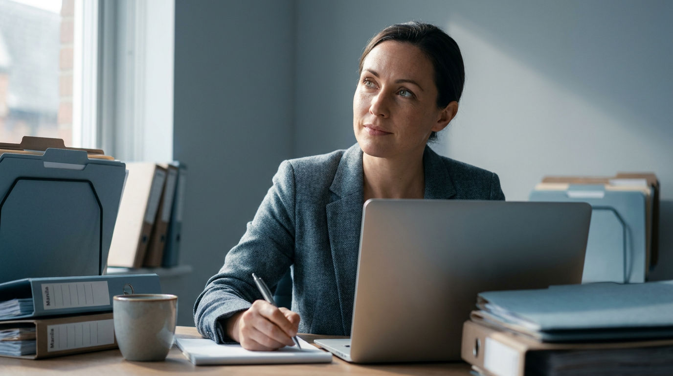 A CPA working at a desk surrounded by organized client files