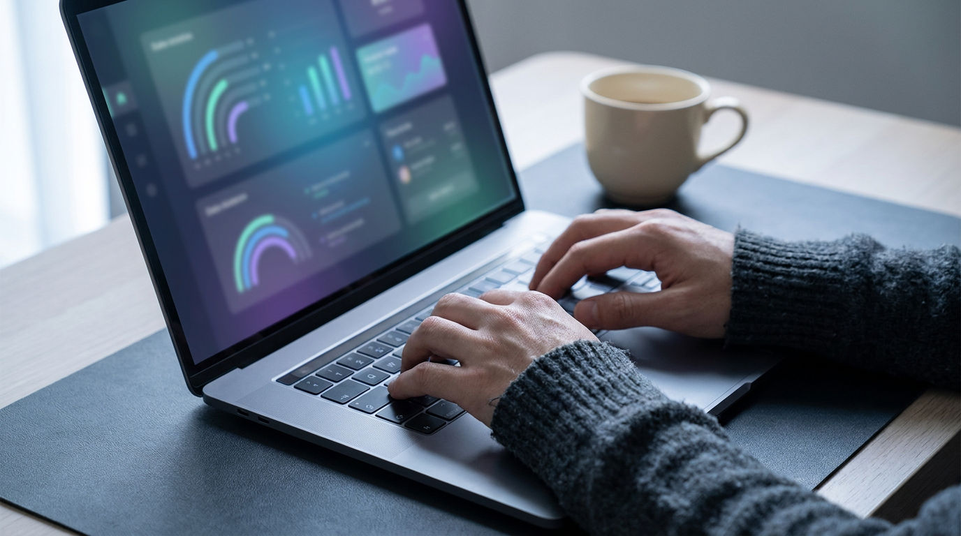 Hands typing on a laptop with an abstract dashboard interface on screen