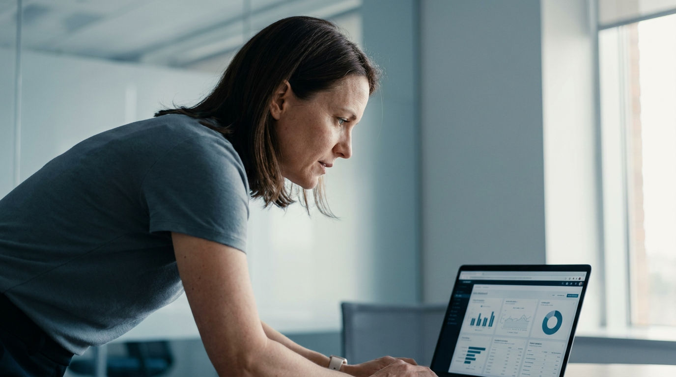 An internal auditor reviewing a data dashboard on a laptop in a bright modern office